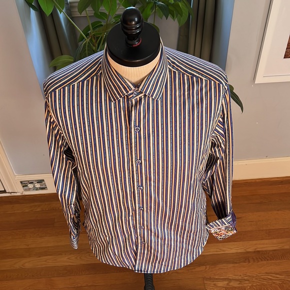 ROBERT GRAHAM Blue Green Stripes Paisley Cotton Medium Classic Long Sleeve Shirt - Picture 2 of 10